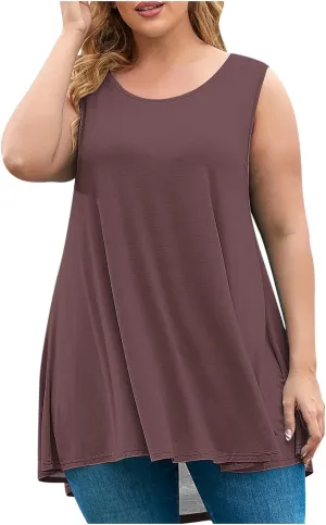 BZGTZT Plus Size Sleeveless Tank Tops for Womens Casual Summer Tunic Top Loose Crew Neck T Shirts Pleated Basic Solid Tee