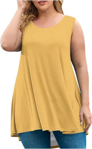 BZGTZT Plus Size Sleeveless Tank Tops for Womens Casual Summer Tunic Top Loose Crew Neck T Shirts Pleated Basic Solid Tee