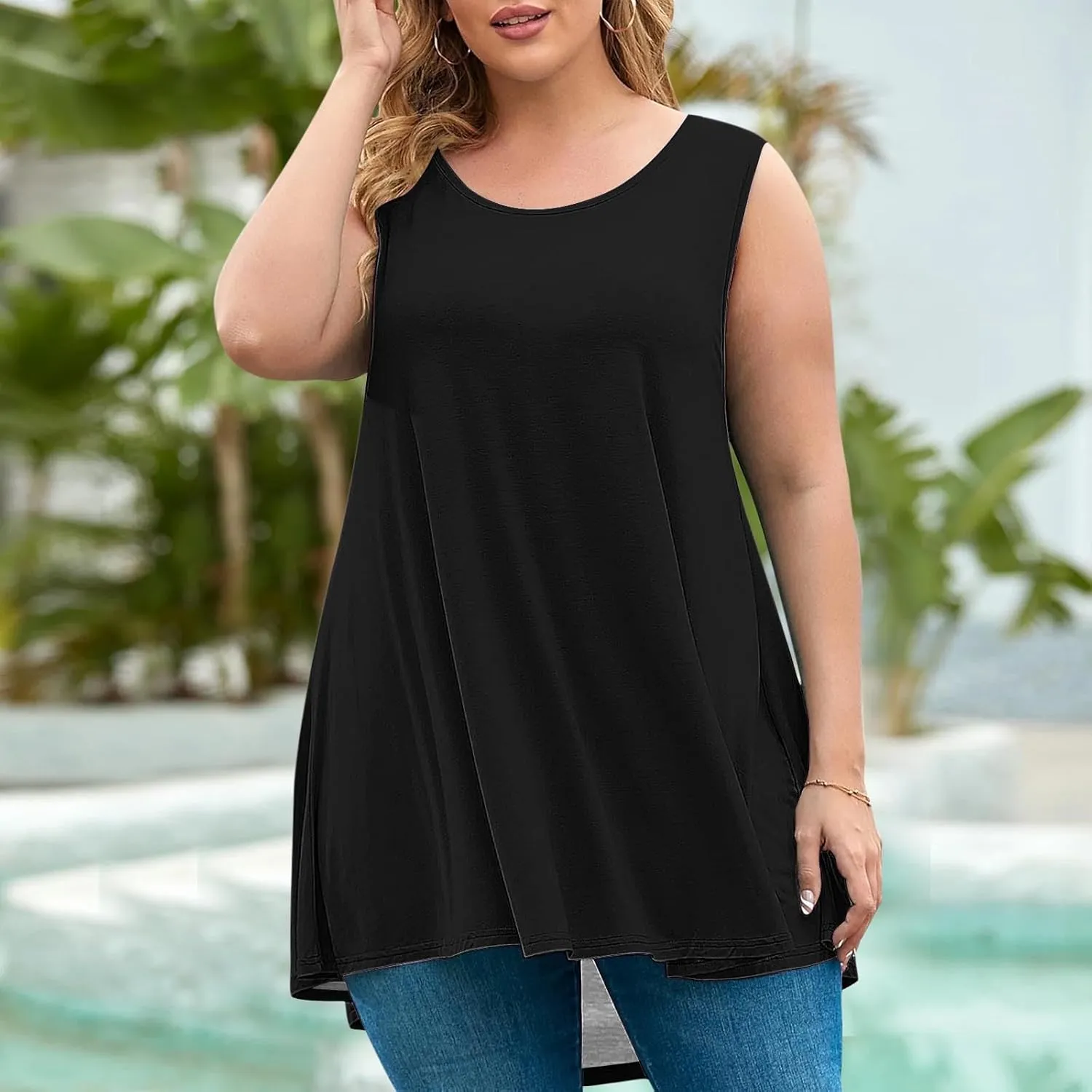 BZGTZT Plus Size Sleeveless Tank Tops for Womens Casual Summer Tunic Top Loose Crew Neck T Shirts Pleated Basic Solid Tee