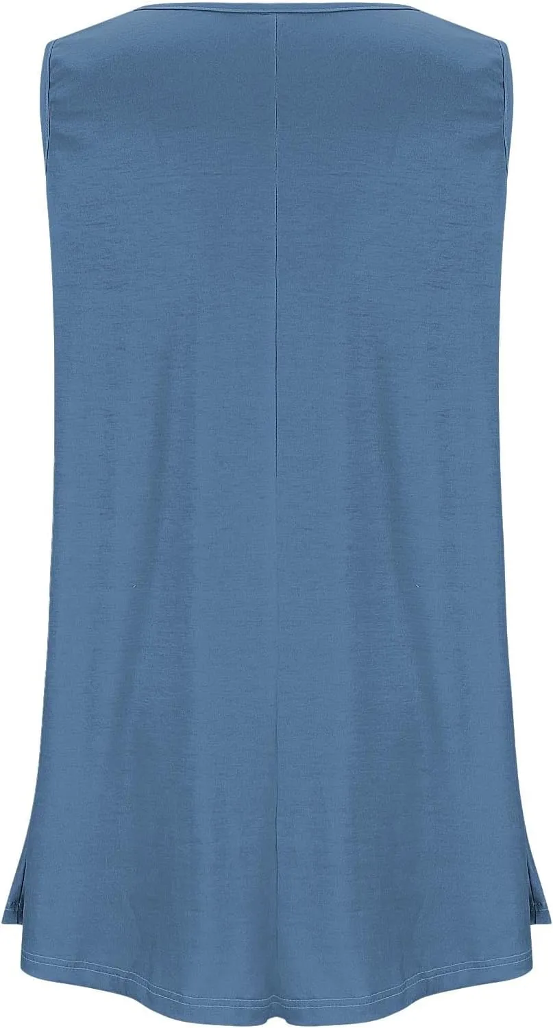 BZGTZT Plus Size Sleeveless Tank Tops for Womens Casual Summer Tunic Top Loose Crew Neck T Shirts Pleated Basic Solid Tee
