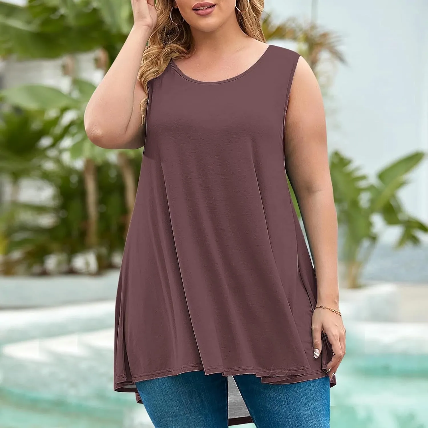 BZGTZT Plus Size Sleeveless Tank Tops for Womens Casual Summer Tunic Top Loose Crew Neck T Shirts Pleated Basic Solid Tee