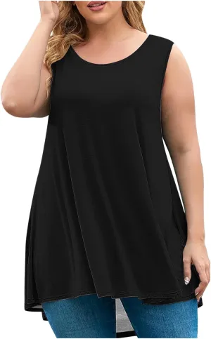 BZGTZT Plus Size Sleeveless Tank Tops for Womens Casual Summer Tunic Top Loose Crew Neck T Shirts Pleated Basic Solid Tee