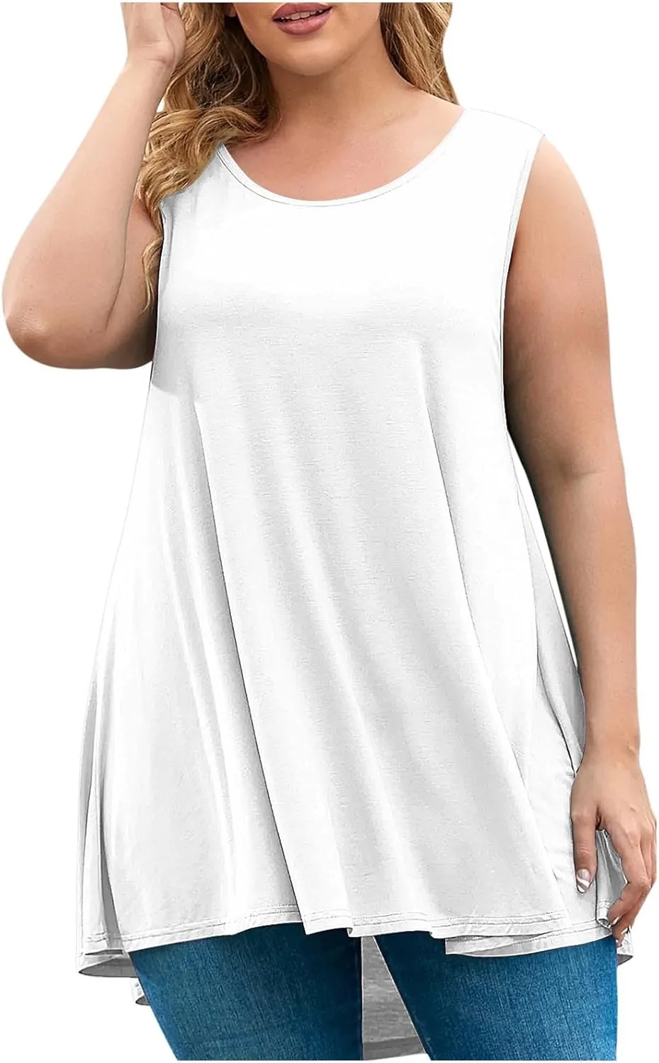 BZGTZT Plus Size Sleeveless Tank Tops for Womens Casual Summer Tunic Top Loose Crew Neck T Shirts Pleated Basic Solid Tee