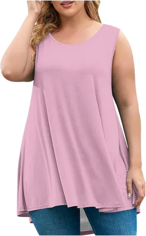 BZGTZT Plus Size Sleeveless Tank Tops for Womens Casual Summer Tunic Top Loose Crew Neck T Shirts Pleated Basic Solid Tee