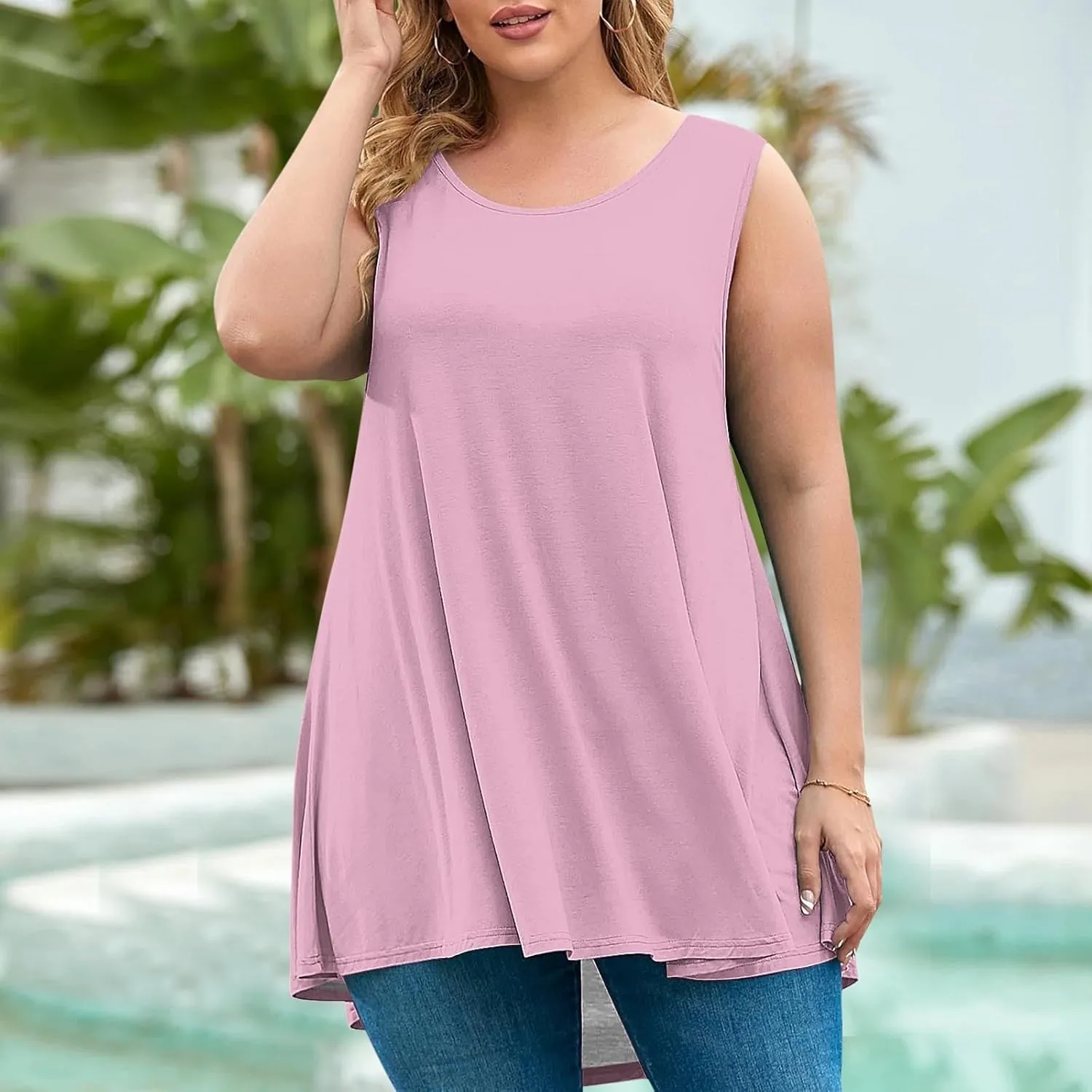 BZGTZT Plus Size Sleeveless Tank Tops for Womens Casual Summer Tunic Top Loose Crew Neck T Shirts Pleated Basic Solid Tee