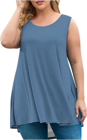 BZGTZT Plus Size Sleeveless Tank Tops for Womens Casual Summer Tunic Top Loose Crew Neck T Shirts Pleated Basic Solid Tee