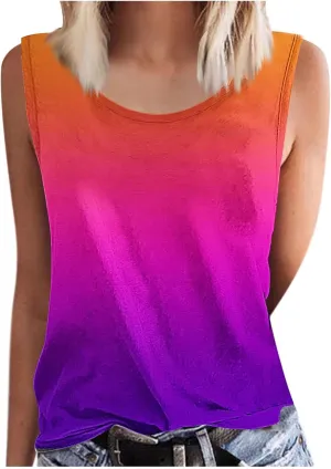 BZGTZT Plus Size Tank Tops for Womens Summer Casual Sleeveless Round Neck Shirts Trendy Gradient Beach Vacation Blouses
