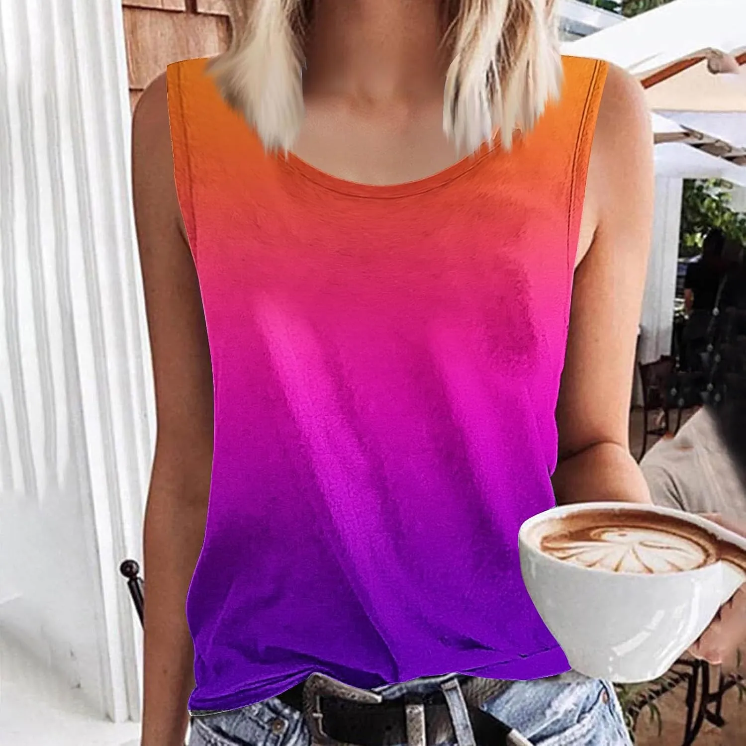 BZGTZT Plus Size Tank Tops for Womens Summer Casual Sleeveless Round Neck Shirts Trendy Gradient Beach Vacation Blouses