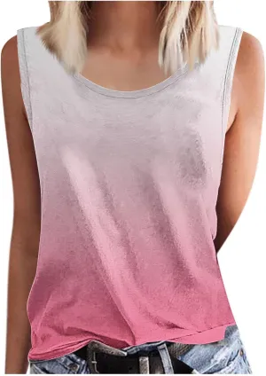BZGTZT Plus Size Tank Tops for Womens Summer Casual Sleeveless Round Neck Shirts Trendy Gradient Beach Vacation Blouses