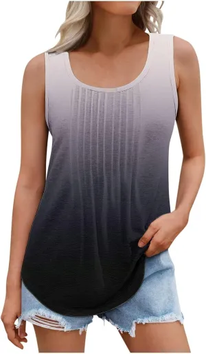 BZGTZT Sleeveless Round Neck Tank Tops for Women Plus Size Causal Trendy Gradient Tunic Top Loose Fit Pleated Shirts