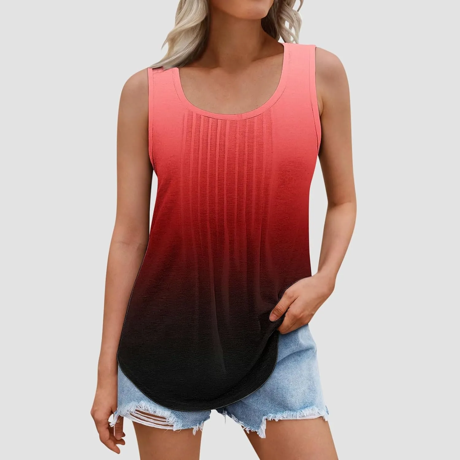 BZGTZT Sleeveless Round Neck Tank Tops for Women Plus Size Causal Trendy Gradient Tunic Top Loose Fit Pleated Shirts