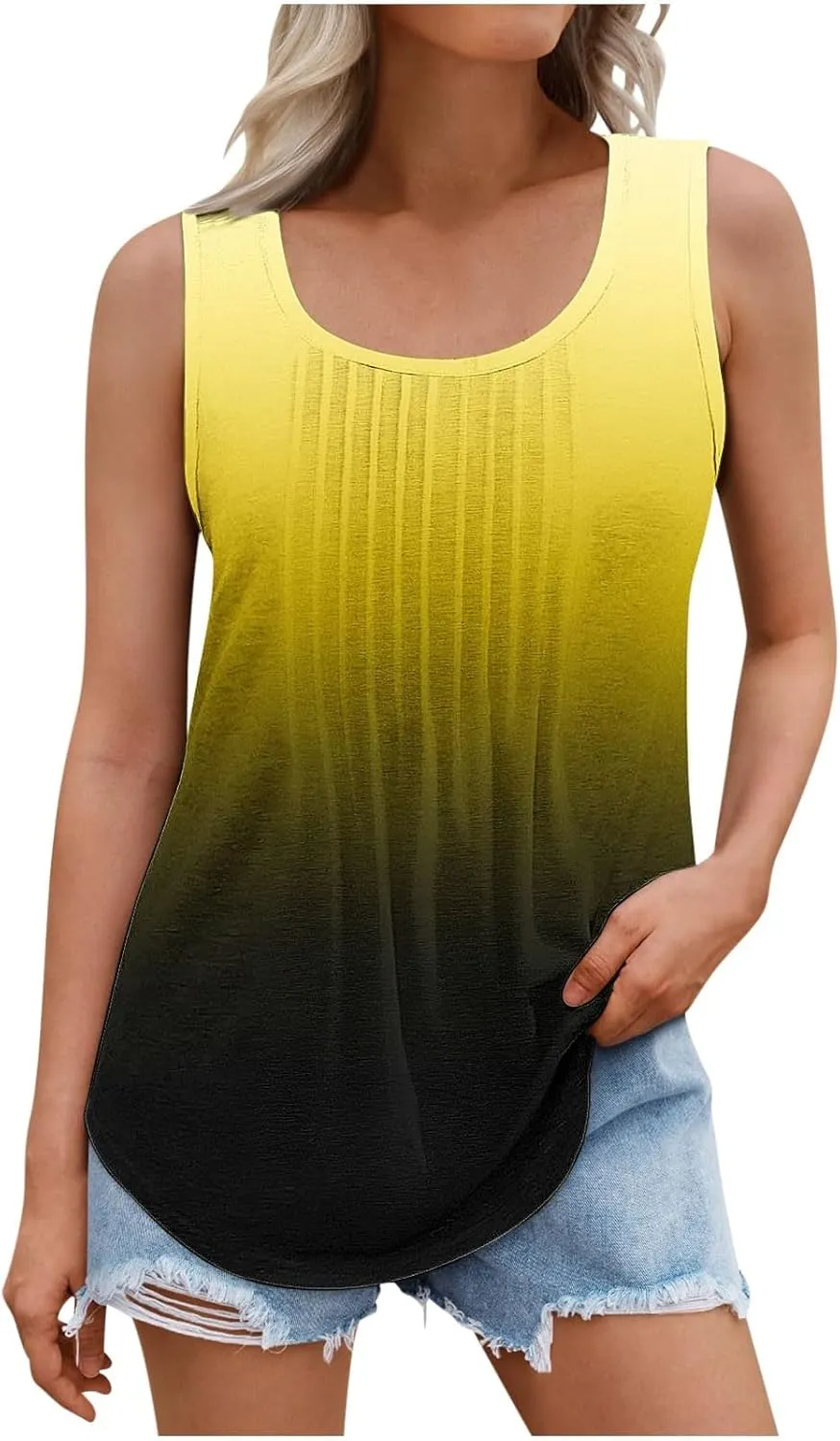 BZGTZT Sleeveless Round Neck Tank Tops for Women Plus Size Causal Trendy Gradient Tunic Top Loose Fit Pleated Shirts