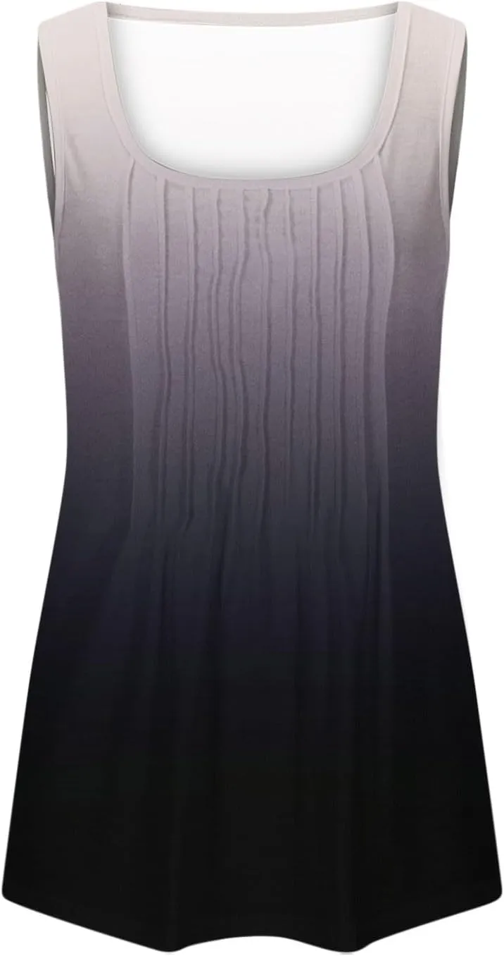 BZGTZT Sleeveless Round Neck Tank Tops for Women Plus Size Causal Trendy Gradient Tunic Top Loose Fit Pleated Shirts
