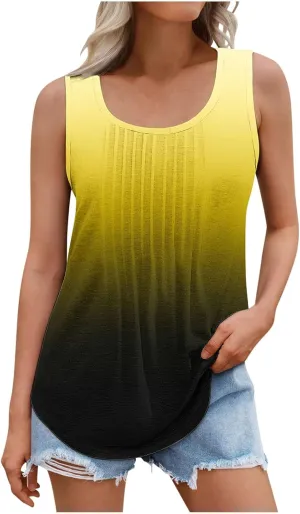 BZGTZT Sleeveless Round Neck Tank Tops for Women Plus Size Causal Trendy Gradient Tunic Top Loose Fit Pleated Shirts