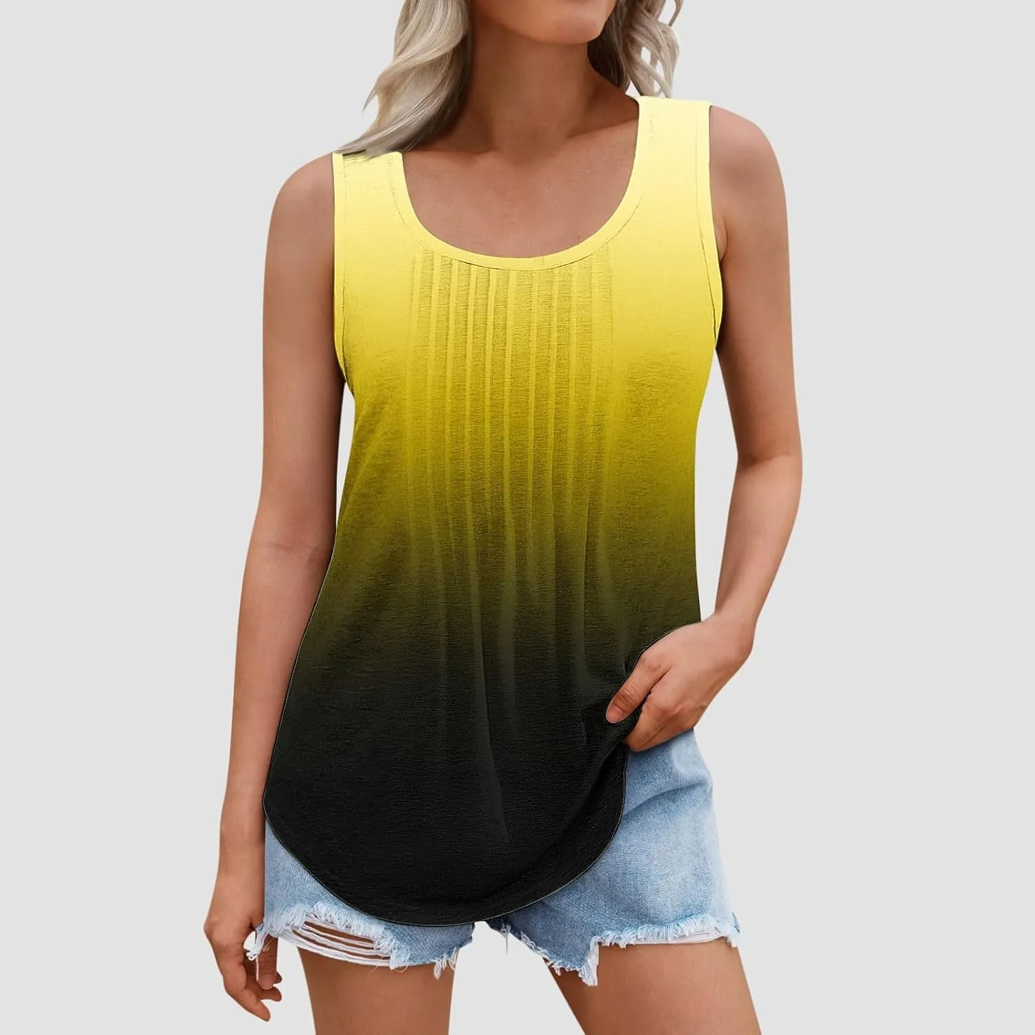 BZGTZT Sleeveless Round Neck Tank Tops for Women Plus Size Causal Trendy Gradient Tunic Top Loose Fit Pleated Shirts