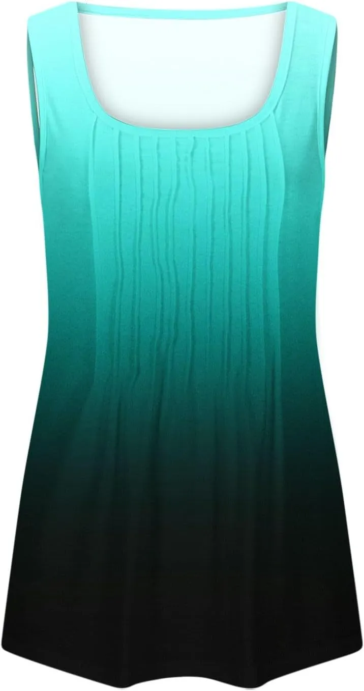 BZGTZT Sleeveless Round Neck Tank Tops for Women Plus Size Causal Trendy Gradient Tunic Top Loose Fit Pleated Shirts