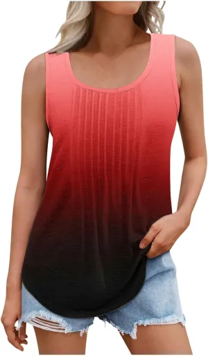 BZGTZT Sleeveless Round Neck Tank Tops for Women Plus Size Causal Trendy Gradient Tunic Top Loose Fit Pleated Shirts