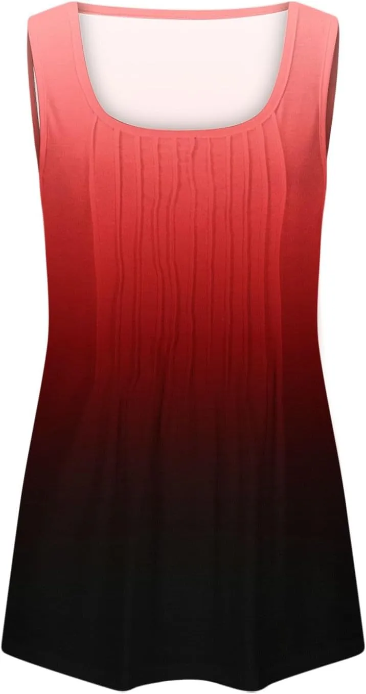 BZGTZT Sleeveless Round Neck Tank Tops for Women Plus Size Causal Trendy Gradient Tunic Top Loose Fit Pleated Shirts