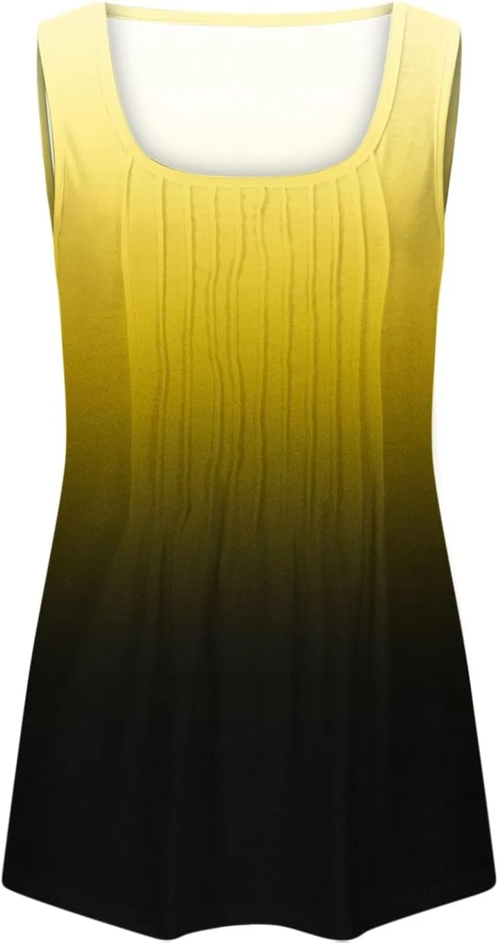 BZGTZT Sleeveless Round Neck Tank Tops for Women Plus Size Causal Trendy Gradient Tunic Top Loose Fit Pleated Shirts