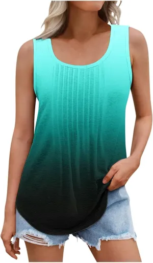 BZGTZT Sleeveless Round Neck Tank Tops for Women Plus Size Causal Trendy Gradient Tunic Top Loose Fit Pleated Shirts