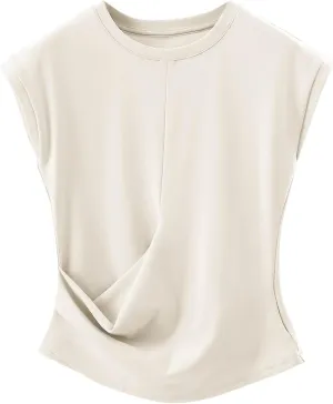 BZGTZT Womens Cap Sleeve T-Shirt Casual Loose Ruched Tank Tops Round Neck Basic Cami Trendy Business Work Tee Blouses