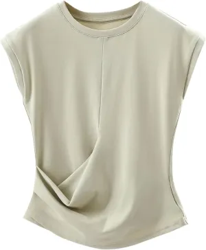 BZGTZT Womens Cap Sleeve T-Shirt Casual Loose Ruched Tank Tops Round Neck Basic Cami Trendy Business Work Tee Blouses