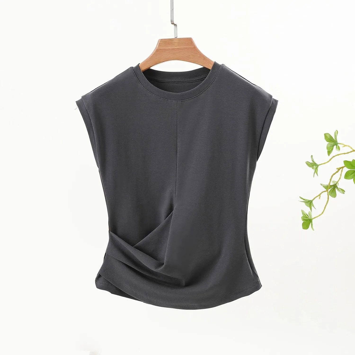 BZGTZT Womens Cap Sleeve T-Shirt Casual Loose Ruched Tank Tops Round Neck Basic Cami Trendy Business Work Tee Blouses