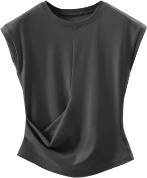 BZGTZT Womens Cap Sleeve T-Shirt Casual Loose Ruched Tank Tops Round Neck Basic Cami Trendy Business Work Tee Blouses