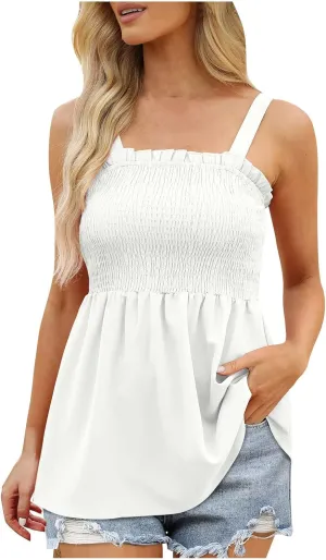 BZGTZT Womens Casual Spaghetti Strap Tank Tops Sleeveless Pleated Camisole Flowy Peplum Top Summer Solid Business Blouses