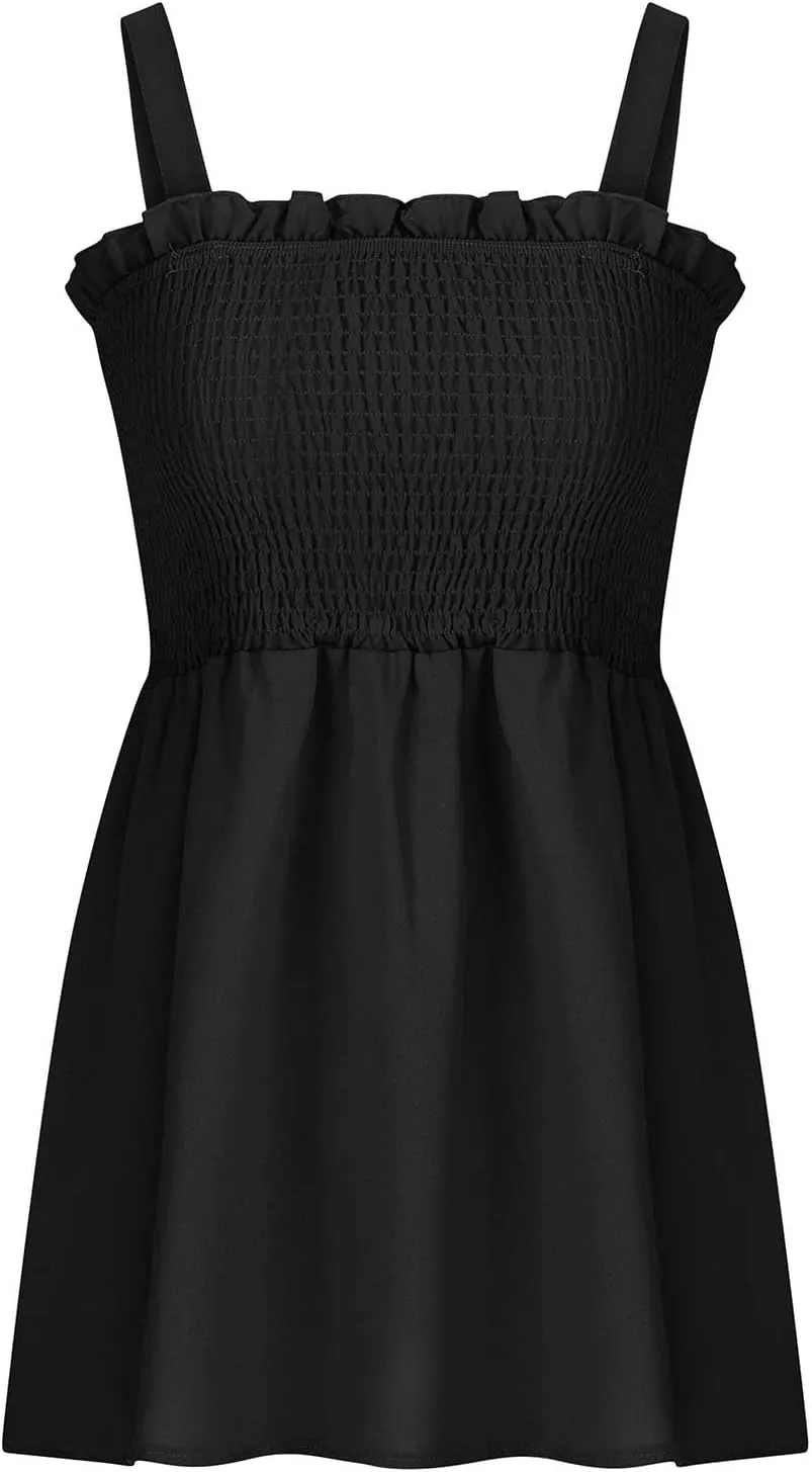 BZGTZT Womens Casual Spaghetti Strap Tank Tops Sleeveless Pleated Camisole Flowy Peplum Top Summer Solid Business Blouses