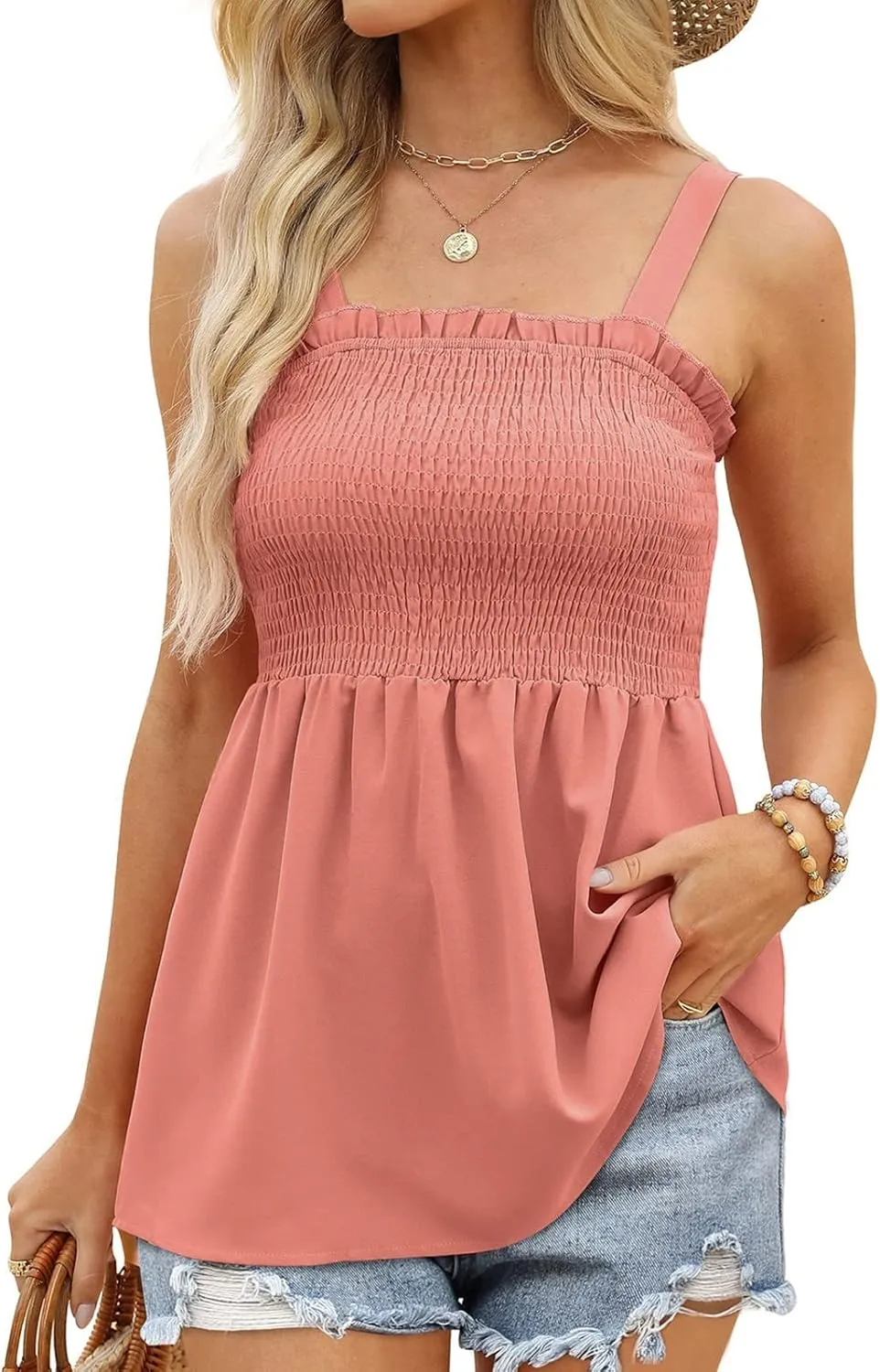 BZGTZT Womens Casual Spaghetti Strap Tank Tops Sleeveless Pleated Camisole Flowy Peplum Top Summer Solid Business Blouses