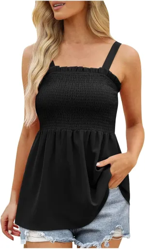 BZGTZT Womens Casual Spaghetti Strap Tank Tops Sleeveless Pleated Camisole Flowy Peplum Top Summer Solid Business Blouses