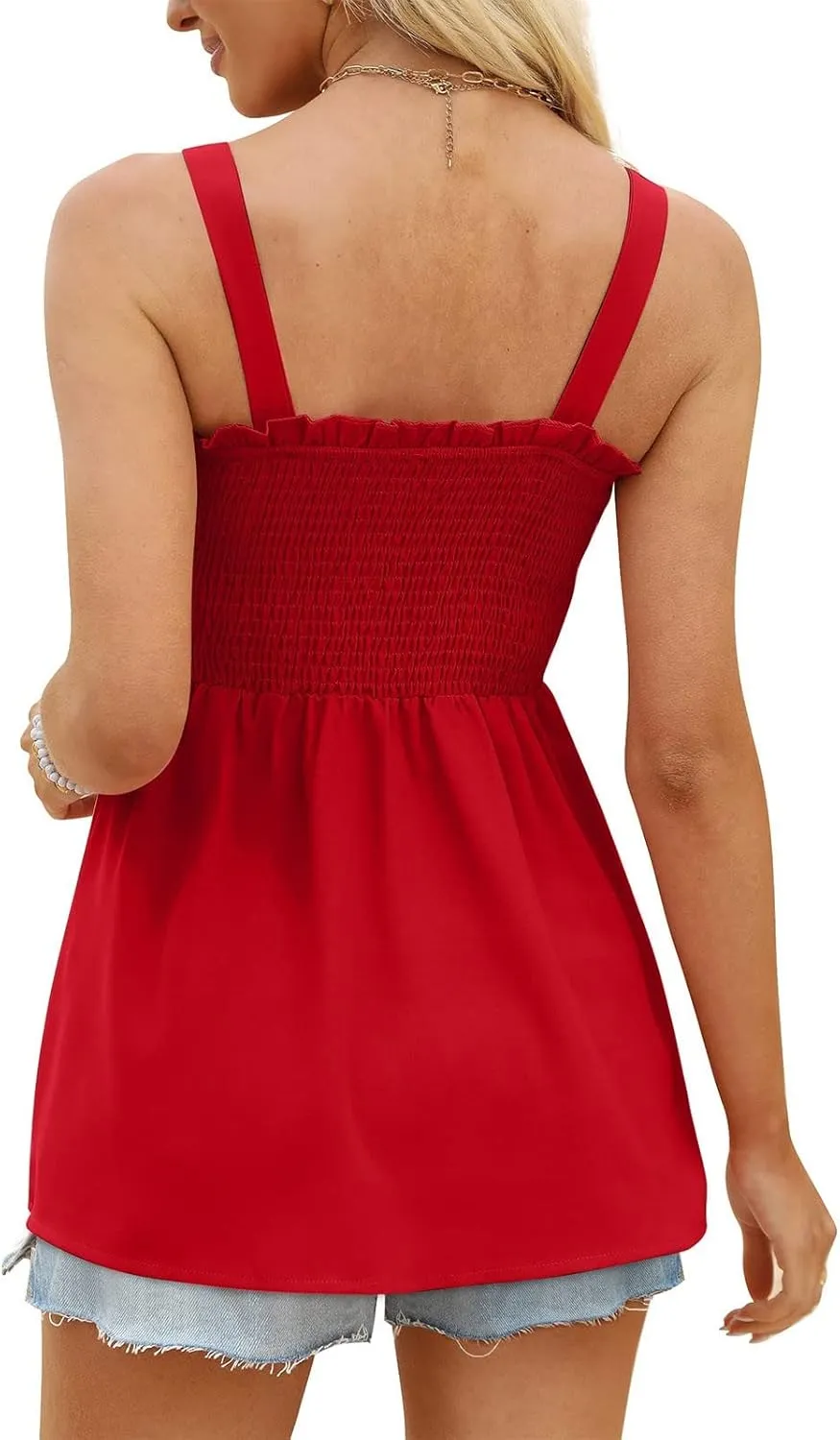 BZGTZT Womens Casual Spaghetti Strap Tank Tops Sleeveless Pleated Camisole Flowy Peplum Top Summer Solid Business Blouses