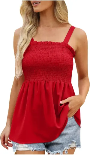 BZGTZT Womens Casual Spaghetti Strap Tank Tops Sleeveless Pleated Camisole Flowy Peplum Top Summer Solid Business Blouses