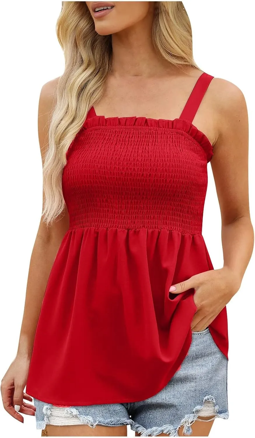 BZGTZT Womens Casual Spaghetti Strap Tank Tops Sleeveless Pleated Camisole Flowy Peplum Top Summer Solid Business Blouses