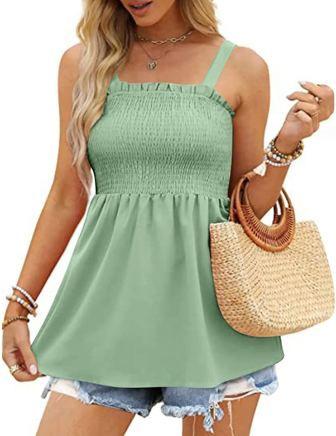 BZGTZT Womens Casual Spaghetti Strap Tank Tops Sleeveless Pleated Camisole Flowy Peplum Top Summer Solid Business Blouses