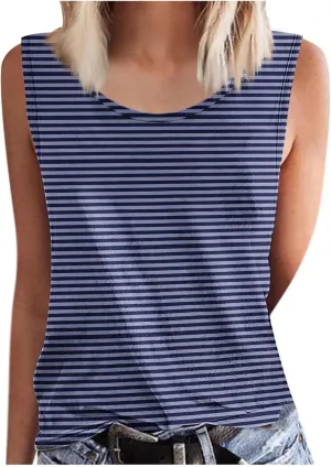 BZGTZT Womens Plus Size Tank Tops Summer Casual Loose Fit Sleeveless Round Neck Shirts Dressy Striped Going Out Blouses