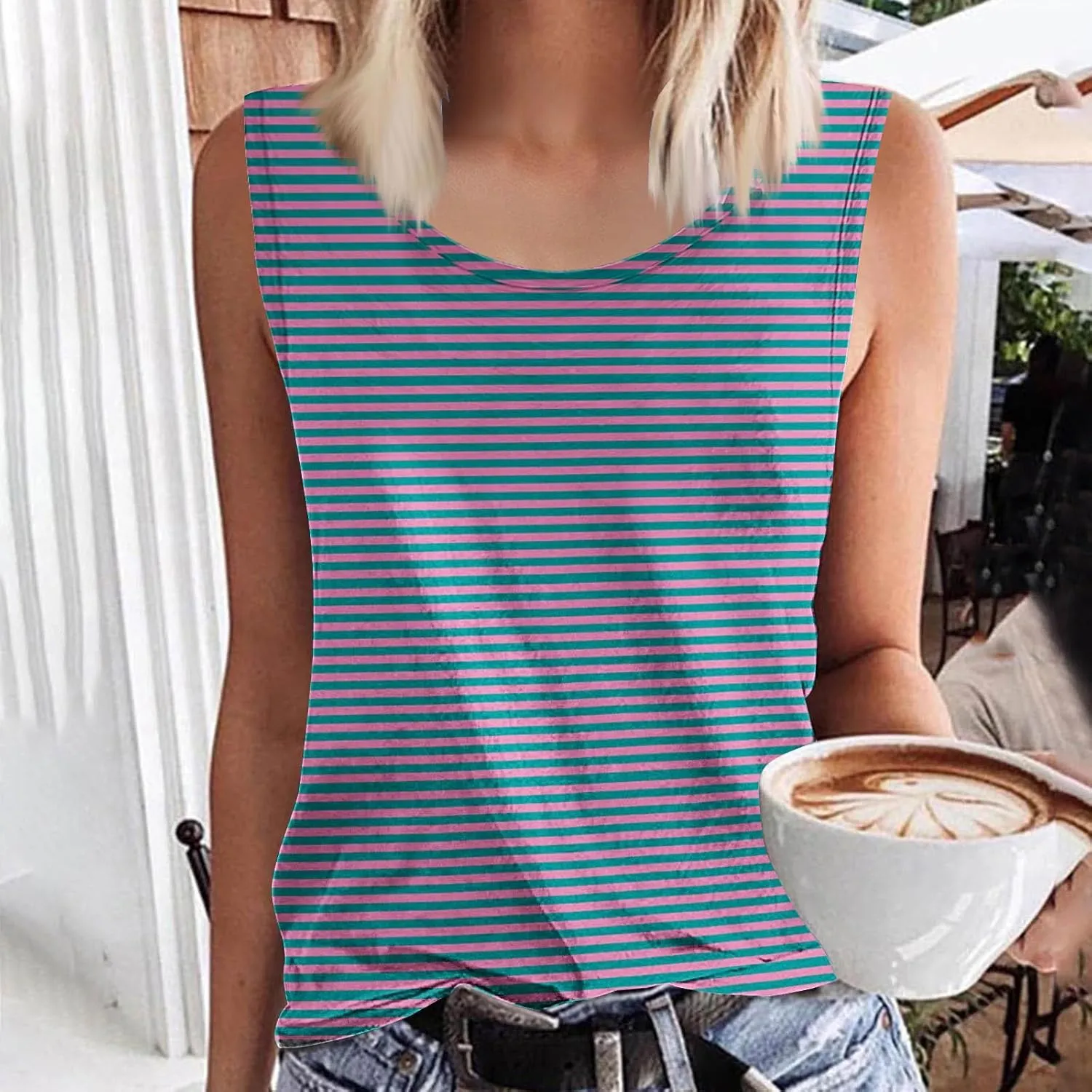 BZGTZT Womens Plus Size Tank Tops Summer Casual Loose Fit Sleeveless Round Neck Shirts Dressy Striped Going Out Blouses