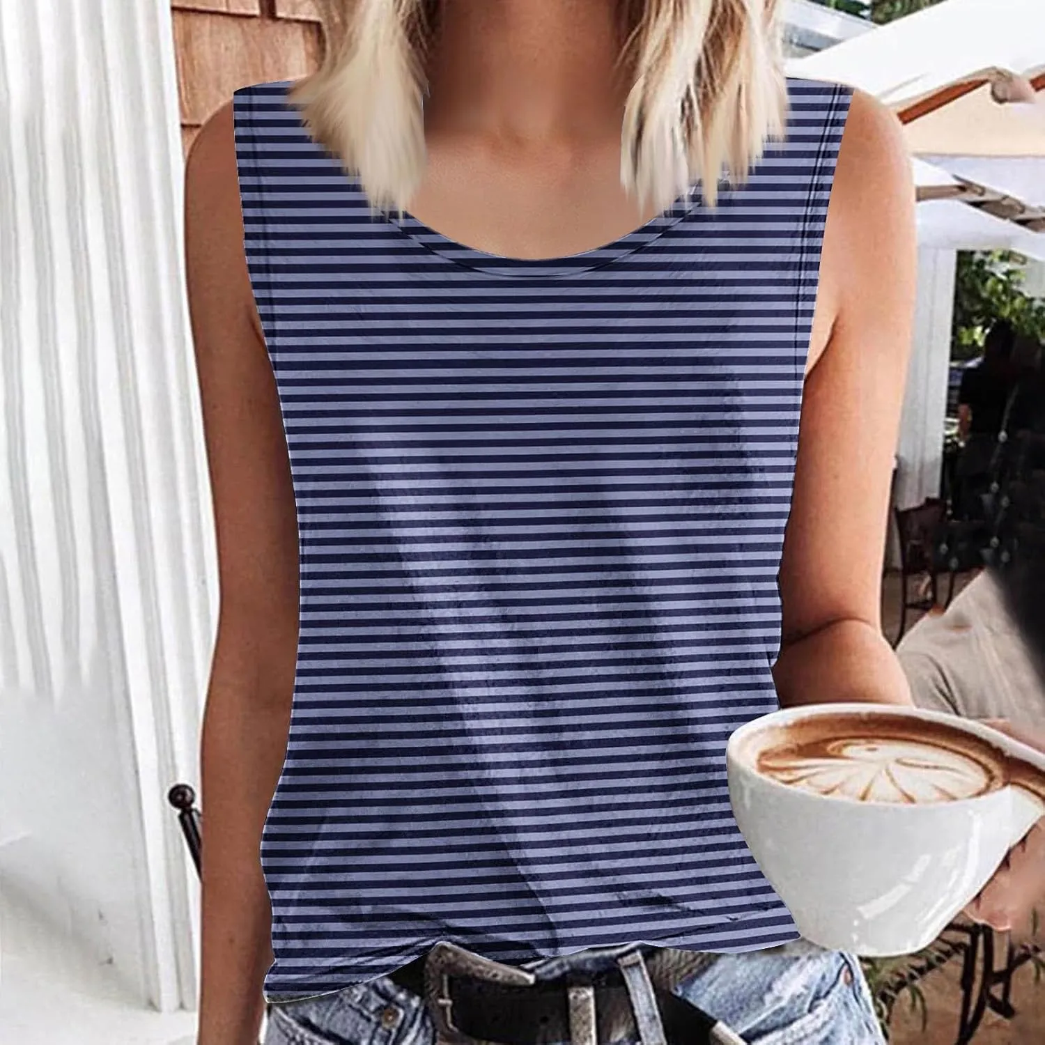 BZGTZT Womens Plus Size Tank Tops Summer Casual Loose Fit Sleeveless Round Neck Shirts Dressy Striped Going Out Blouses