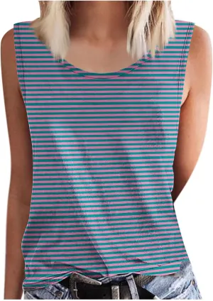 BZGTZT Womens Plus Size Tank Tops Summer Casual Loose Fit Sleeveless Round Neck Shirts Dressy Striped Going Out Blouses