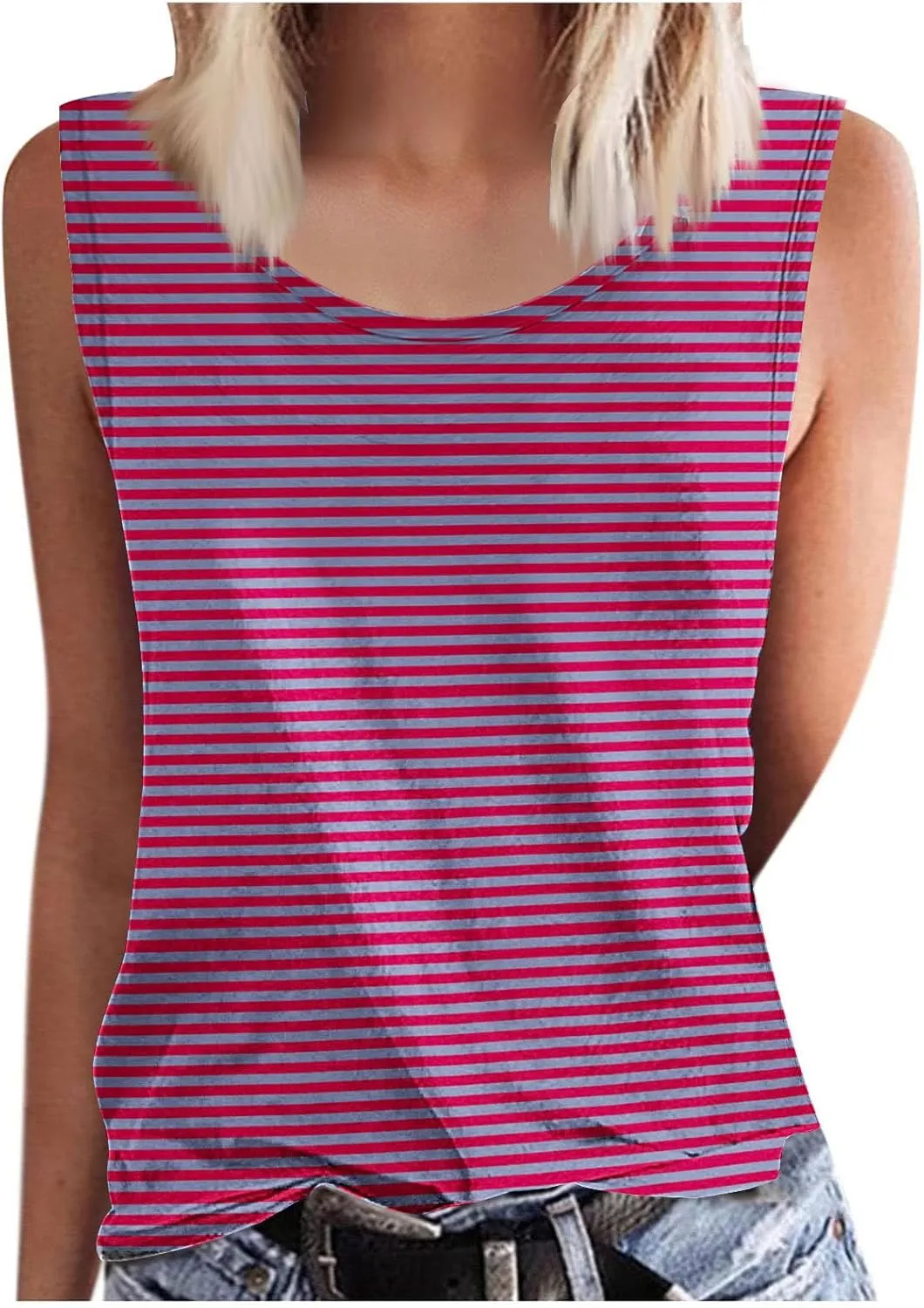 BZGTZT Womens Plus Size Tank Tops Summer Casual Loose Fit Sleeveless Round Neck Shirts Dressy Striped Going Out Blouses