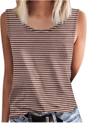 BZGTZT Womens Plus Size Tank Tops Summer Casual Loose Fit Sleeveless Round Neck Shirts Dressy Striped Going Out Blouses