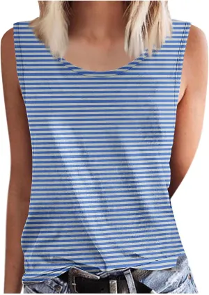 BZGTZT Womens Plus Size Tank Tops Summer Casual Loose Fit Sleeveless Round Neck Shirts Dressy Striped Going Out Blouses