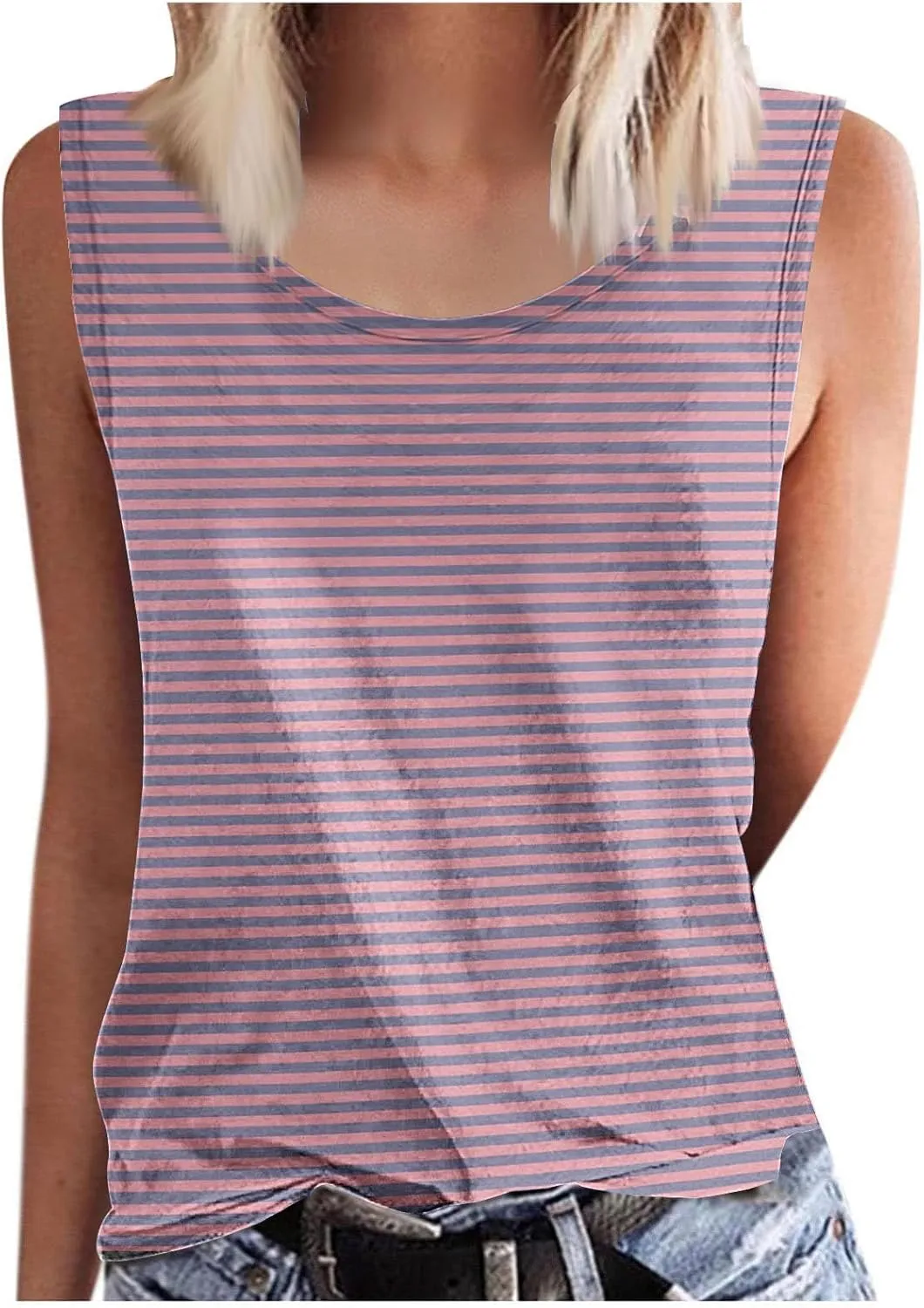 BZGTZT Womens Plus Size Tank Tops Summer Casual Loose Fit Sleeveless Round Neck Shirts Dressy Striped Going Out Blouses