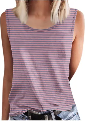 BZGTZT Womens Plus Size Tank Tops Summer Casual Loose Fit Sleeveless Round Neck Shirts Dressy Striped Going Out Blouses