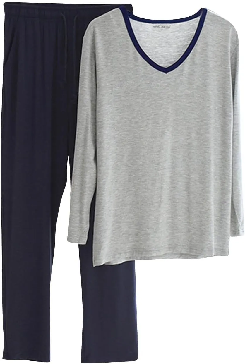 Cambkatl Men's Modal Soft Pajamas Sets Pullover Long Sleeve V Neck T-Shirt Comfy Pjs Pants 2 Piece Sleepwear Lounge Outfits