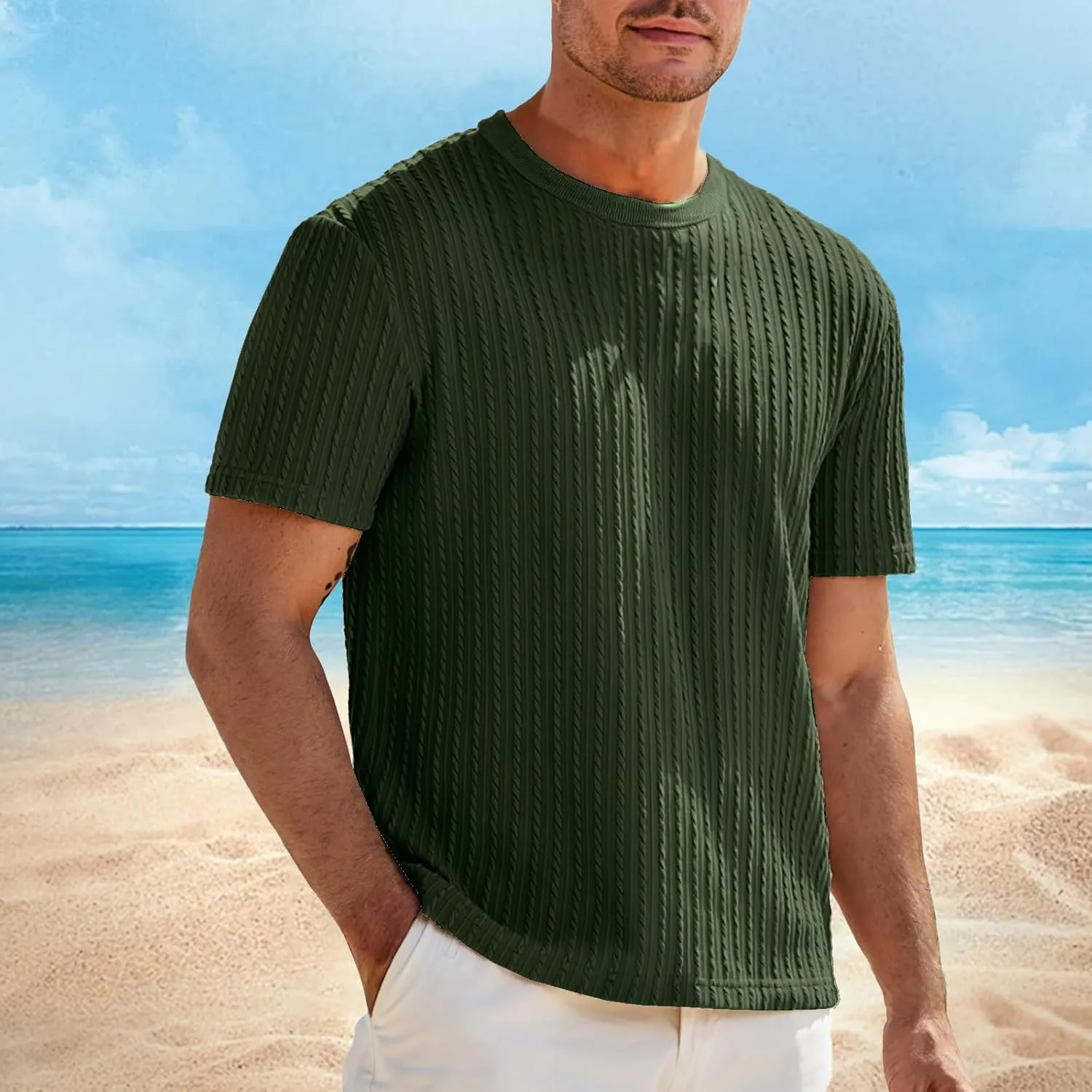 Casual Pullover T-Shirts for Men Knitted Jacquard Textured Shirt Round Neck Short Sleeve Tops Summer Cooling Fit Tees