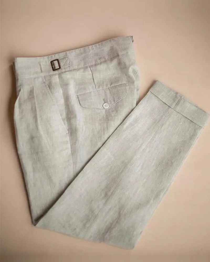 Ceehuteey Men's Linen High Waisted Trousers Comfortable Lightweight Summer Trousers Adjustable Waist Cotton Straight