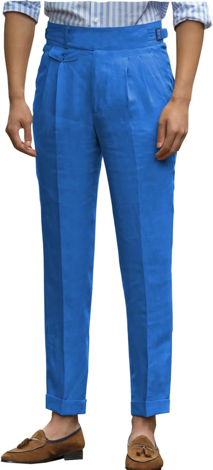 Ceehuteey Men's Linen High Waisted Trousers Comfortable Lightweight Summer Trousers Adjustable Waist Cotton Straight
