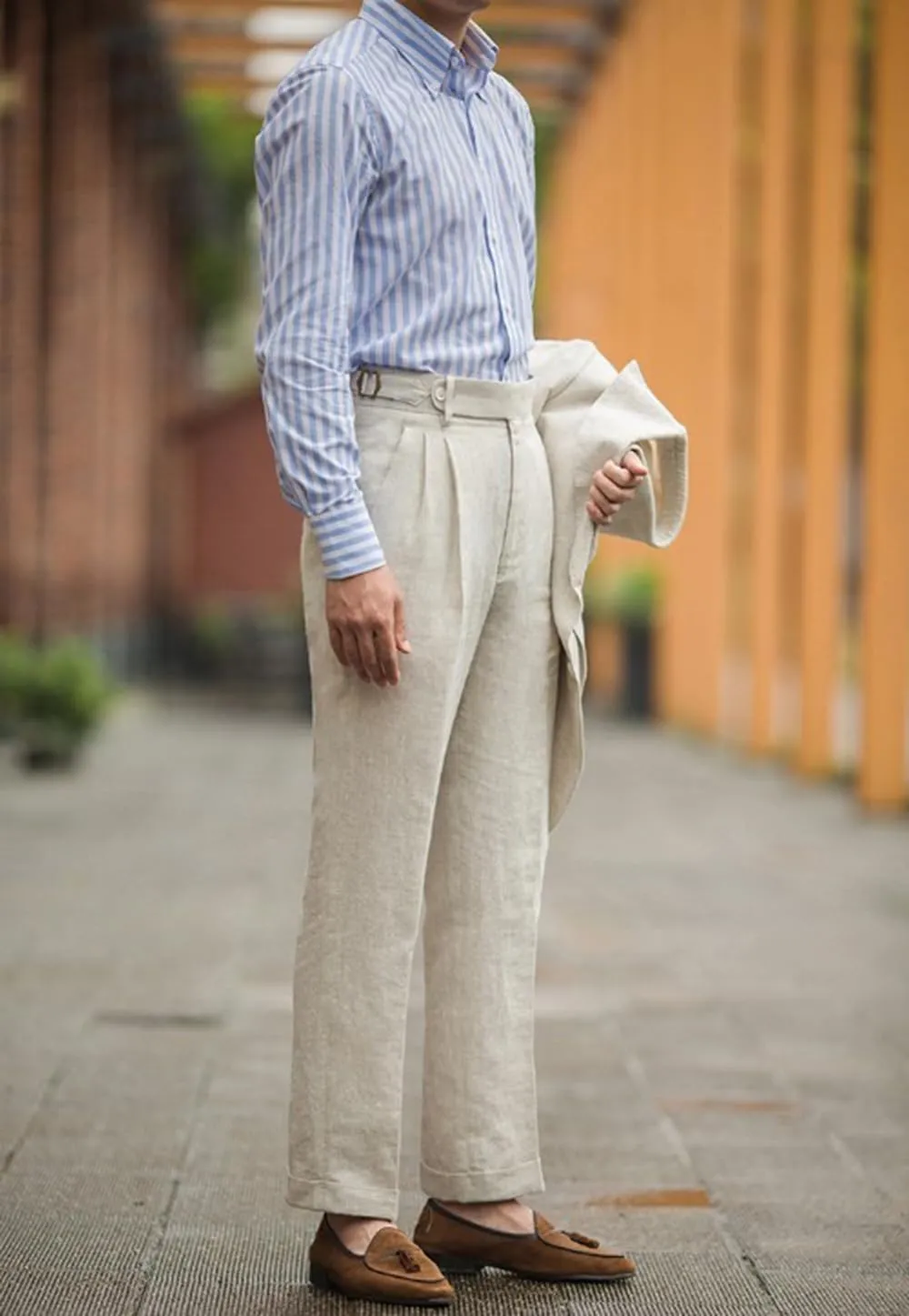 Ceehuteey Men's Linen High Waisted Trousers Comfortable Lightweight Summer Trousers Adjustable Waist Cotton Straight